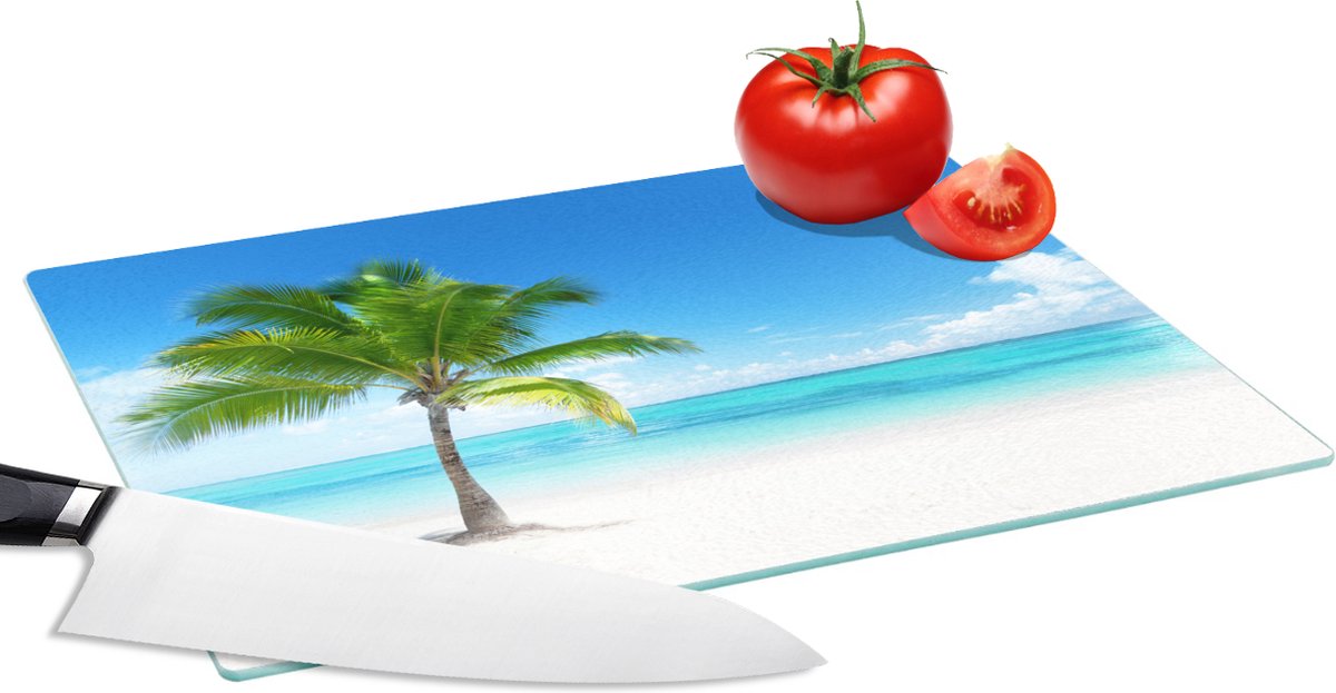 Glazen Snijplank - 28x20 - Palmboom - Strand - Zee - Zomer - Snijplanken Glas