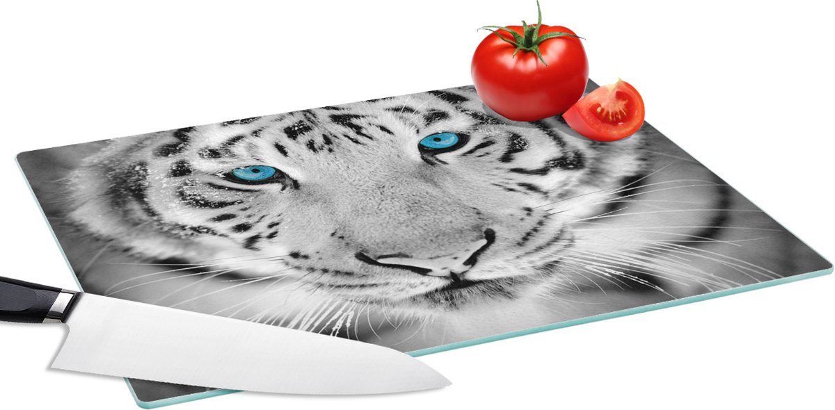 Glazen Snijplank - 39x28 - Dieren - Tijger - Ogen - Blauw - Zwart wit - Snijplanken Glas