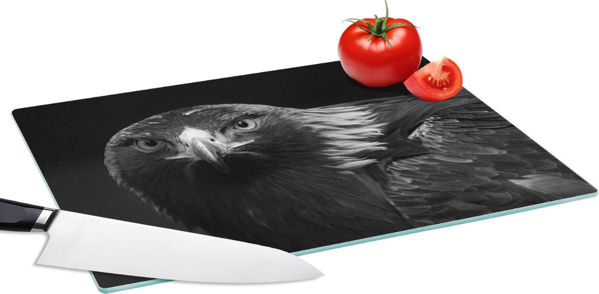 Glazen Snijplank - 39x28 - Buizerd - Vogel - Dieren - Zwart - Wit - Snijplanken Glas
