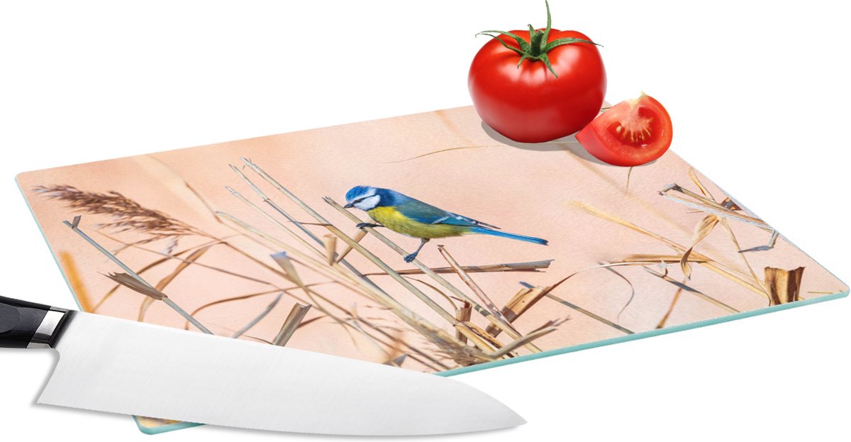 Glazen Snijplank - 28x20 - Vogel - Pimpelmees - Riet - Snijplanken Glas