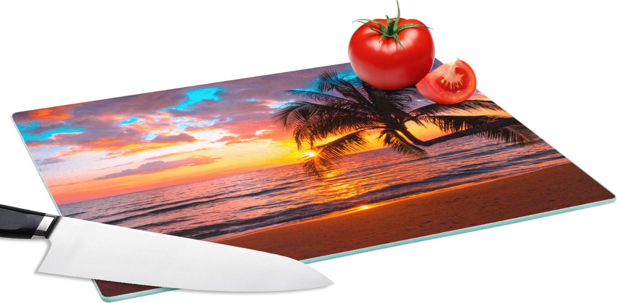 Glazen Snijplank - 39x28 - Palm - Zonsondergang - Strand - Zee - Horizon - Snijplanken Glas