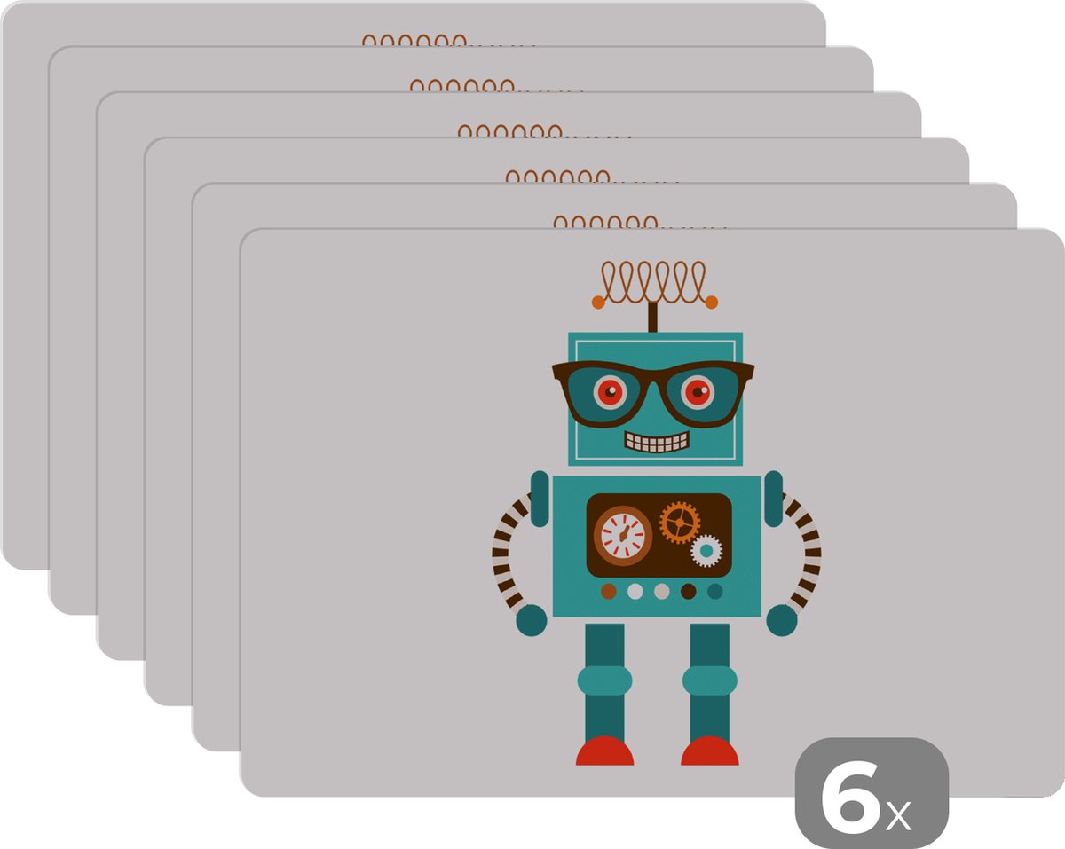 Placemat kinderen - Placemat - Placemats kunststof - Robot - Bril - Tandwielen - Gezicht - Jongens - Kids - 45x30 cm - 6 stuks - Hittebestendig - Anti-Slip - Onderlegger - Afneembaar