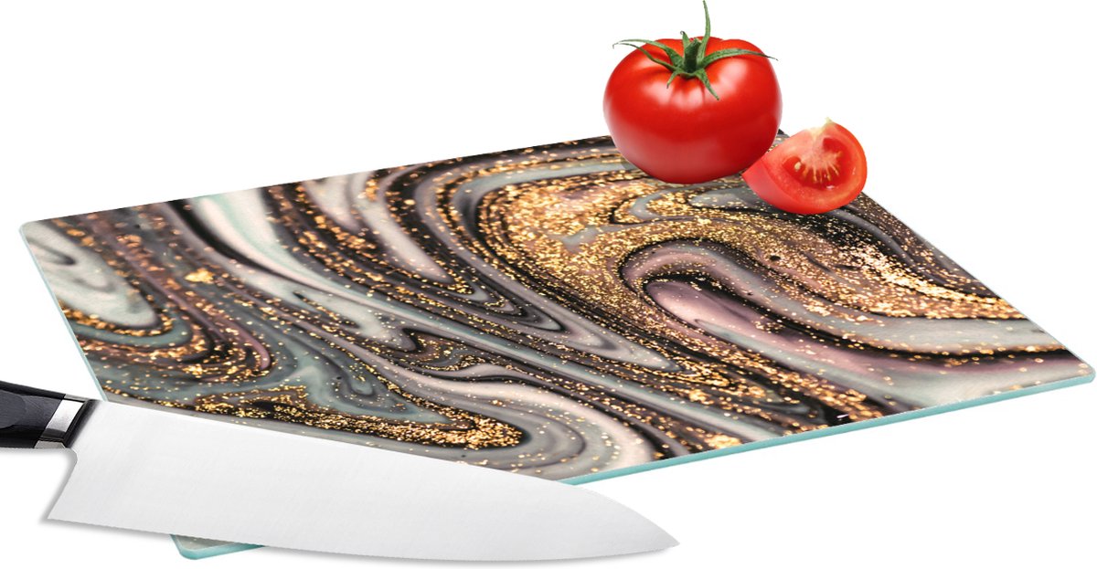 Glazen Snijplank - 28x20 - Marmerlook - Goud - Glitter - Luxe - Marmer - Wit - Snijplanken Glas