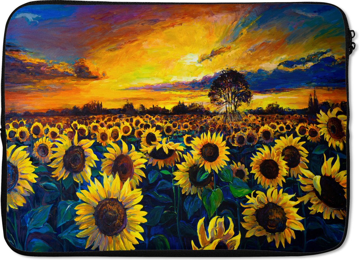 Laptophoes 14 inch - Schilderij - Olieverf - Bloemen - Zonnebloem - Laptop sleeve - Binnenmaat 33x23 cm - Zwarte achterkant