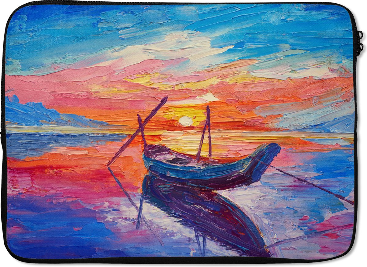 Laptophoes 14 inch - Schilderij - Boot - Olieverf - Water - Laptop sleeve - Binnenmaat 33x23 cm - Zwarte achterkant