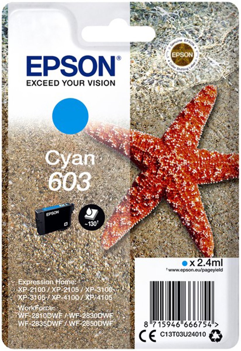 Epson 603 - 2.4 ml - cyaan - origineel - blister - inktcartridge - voor Expression Home XP-2100, 2105, 3100, 3105, 4100, 4105; WorkForce WF-2810, 2830, 2835, 2850