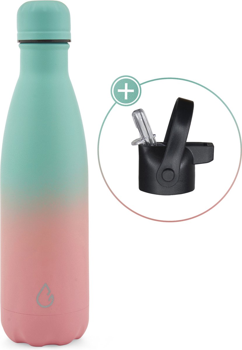 Wattamula Design eco RVS drinkfles - mix blauw/roze - extra dop met rietje en carrier - 500 ml - waterfles - thermosfles - sport