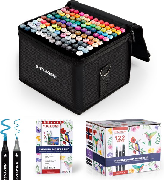 STARKSØN® 122 Stuks Twinmarkers Set – Alcohol Dual Tip Brush Markers – Dubbelzijdige Stiften – Twinmarker & Markeerstift – Incl. Opbergtas &…
