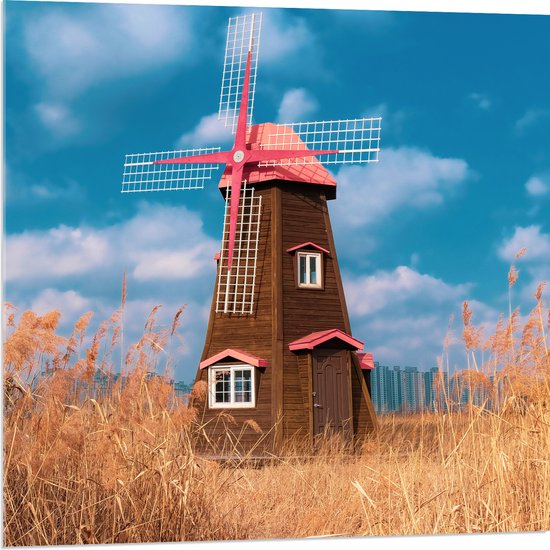 WallClassics - Acrylglas - Bruine Molen tussen Grassen - 80x80 cm Foto op Acrylglas (Met Ophangsysteem)