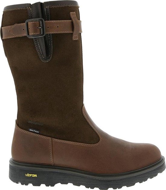 Botte marron en cuir et daim, vue latérale, avec boucle, fermeture éclair et semelle Vibram.