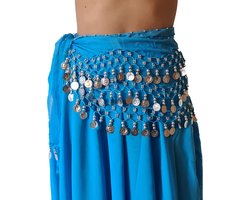 Buikdanssjaal buikdans heupsjaal turquoise met zilveren muntjes