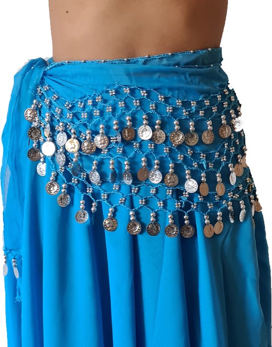 Buikdanssjaal buikdans heupsjaal turquoise met zilveren muntjes