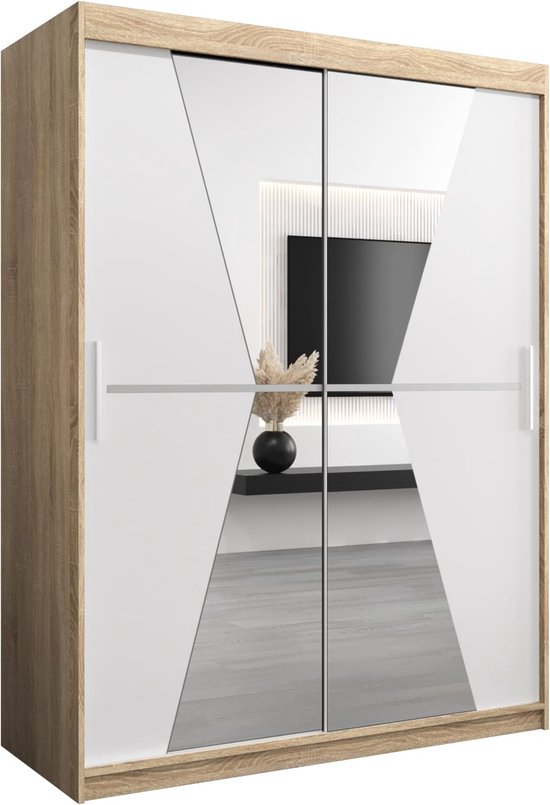 InspireMe - Kledingkast met 2 schuifdeuren, Modern-stijl, Een kledingkast met planken en een spiegel (BxHxD): 150x200x62 - TOTO 150 Sonoma Eik + Wit Mat met 2 lades