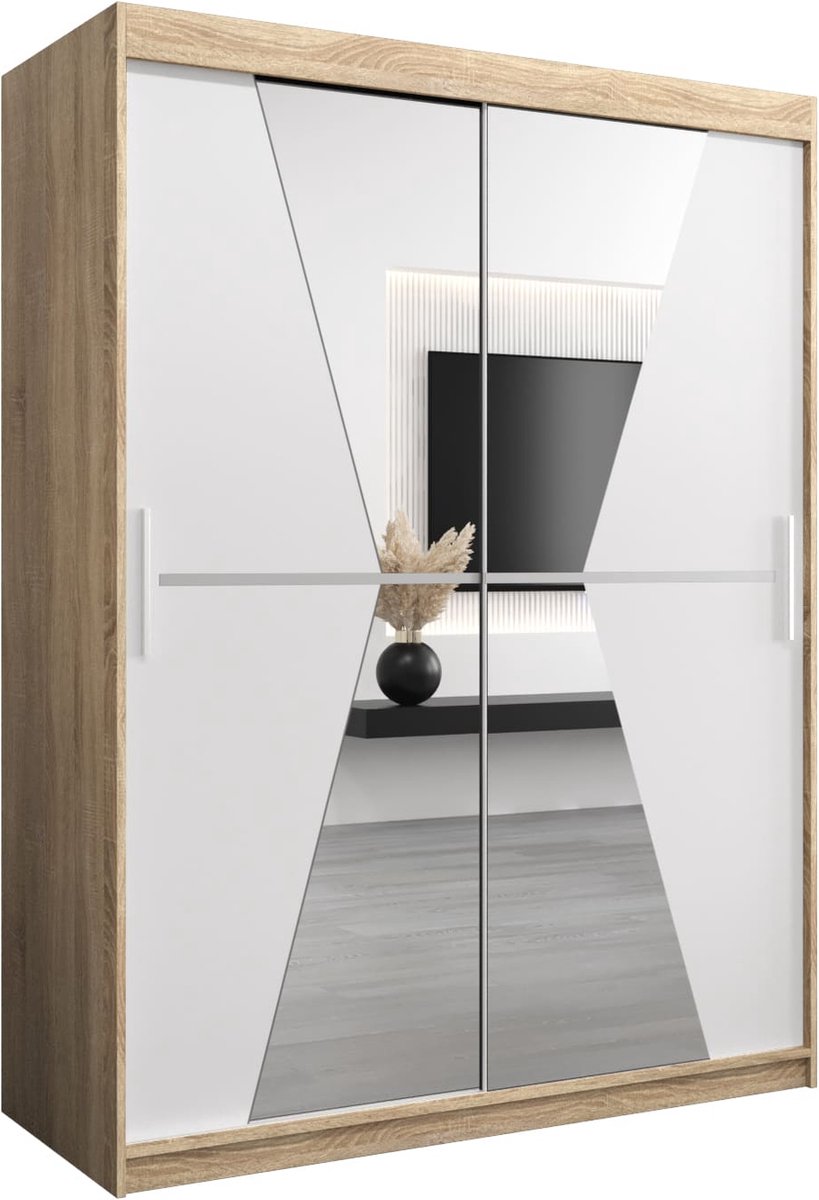 InspireME Kledingkast met 2 schuifdeuren, Modern-stijl, Een kledingkast met planken en een spiegel (BxHxD): 150x200x62 - TOTO 150 Sonoma Eik + Wit Mat met 2 lades