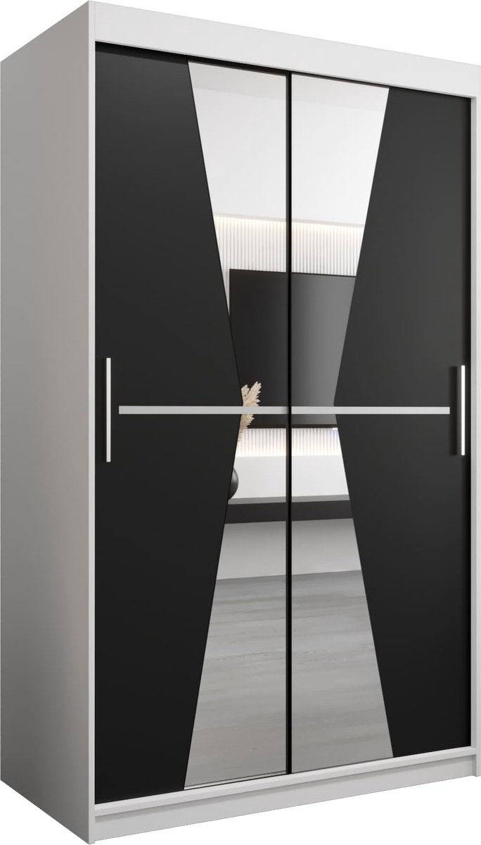 InspireME Kledingkast met 2 schuifdeuren, Modern-stijl, Een kledingkast met planken en een spiegel (BxHxD): 120x200x62 - TOTO 120 Wit Mat + Zwart met 2 lades
