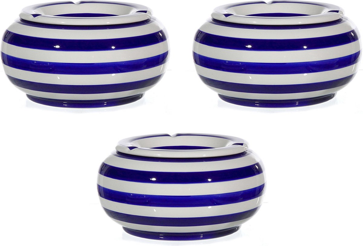 Stormasbak - 3x - blauw/wit - rond - terras asbak - 23 cm - keramiek