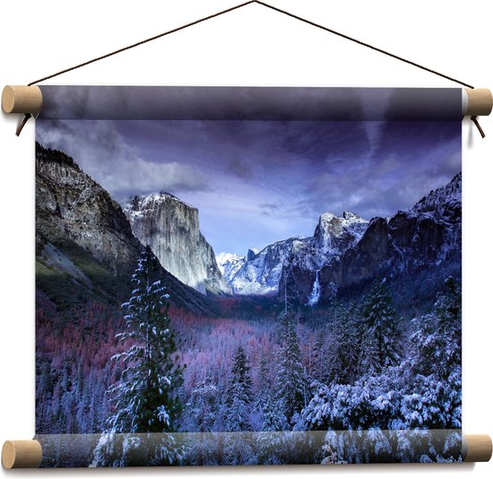 WallClassics - Textielposter - Besneeuwde Bergen met Bomen en Rotsen - 40x30 cm Foto op Textiel