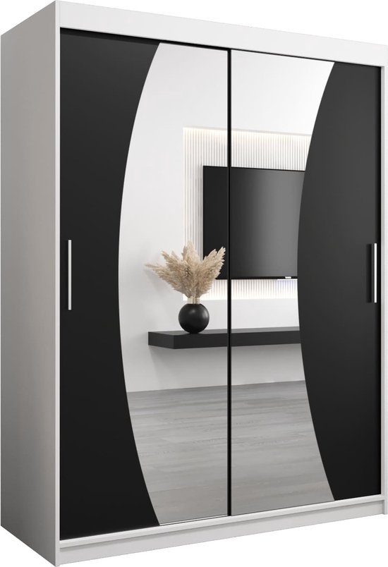 InspireMe - Kledingkast met 2 schuifdeuren, Modern-stijl, Een kledingkast met planken en een spiegel (BxHxD): 150x200x62 - KAHUNA 150 Wit Mat + Zwart