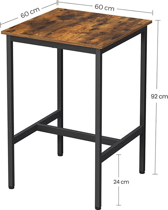 Hoppa! bartafel, hoge keukentafel, lessenaar met stabiel stalen frame, 60x60x92 cm (LxBxH), eenvoudige montage, keuken, industriele stijl, vintage bruin-zwart