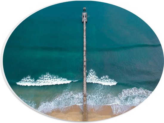 WallClassics - PVC Schuimplaat Ovaal - Bovenaanzicht van Vlonder over Zee - 28x21 cm Foto op Ovaal  (Met Ophangsysteem)