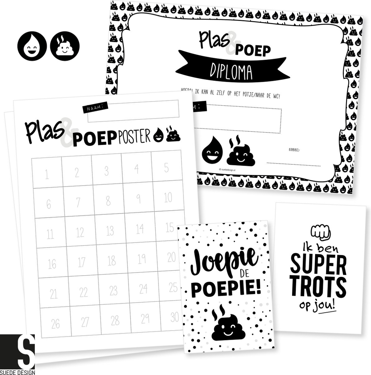 Goedkoopste Zindelijkheidstraining pakket | Plas & Poep poster | Suede design Beloningskaart