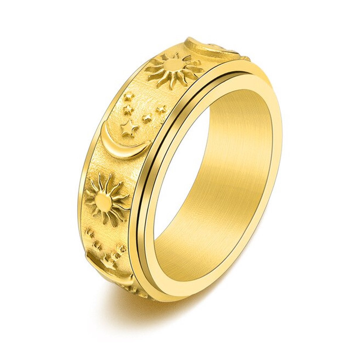 Vetou® Fidget Ring || Zon / Maan || Bright Gold || Tegen depressie, anxiety en AD(H)D || Maat 18