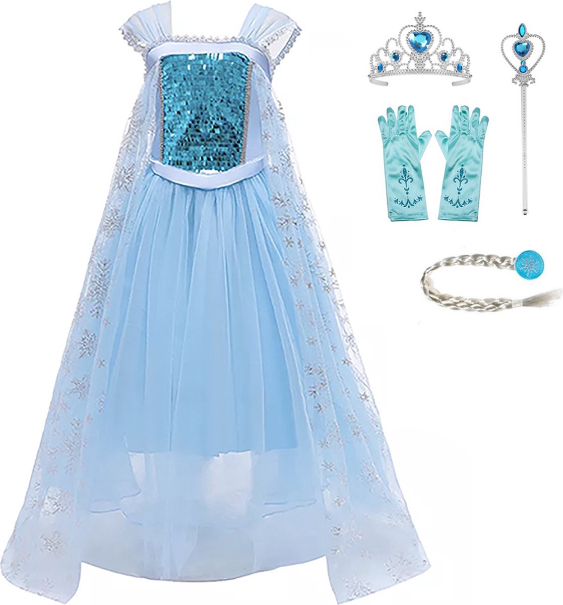 Prinsessenjurk Meisje - Verkleedjurk - maat 110/116 - Tiara - Kroon - Toverstaf - Handschoenen - Juwelen - Verkleedkleren Meisje - Prinsessen Verkleedkleding - Blauw - Cadeau Meisje