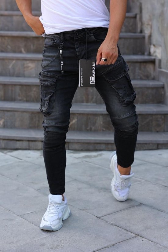 Cargobroek met zakken Stretchy Denim Hoge Kwaliteit Hip Hop Zwarte Jeans -  W32 | bol.com