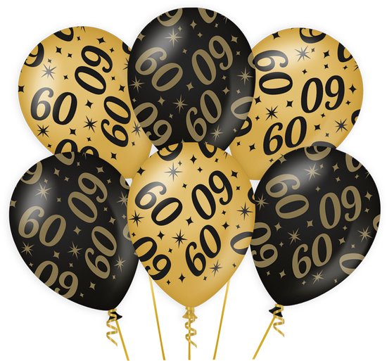 60 Jaar Verjaardag Decoratie Versiering - Feest Versiering - 6x Ballonnen - Man & Vrouw - Zwart en Goud - Ballon