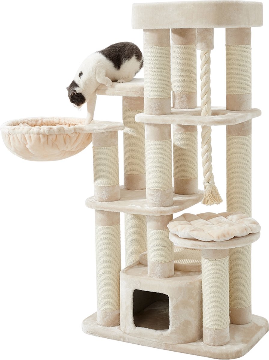 Nobby Krabmeubel Fredo – Krabpaal – Huisje – XXL – Touw – Hangmat – Creme – Beige – Grote Kat – Zware Kat – Maine Coon – 158 cm hoog