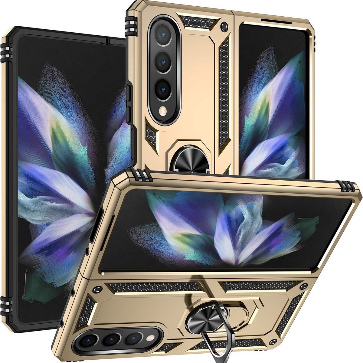 Mobigear Hoesje geschikt voor Samsung Galaxy Z Fold 4 Telefoonhoesje Hardcase | Mobigear Armor Ring Backcover Shockproof met Ringhouder | Schokbestendig Galaxy Z Fold 4 Telefoonhoesje | Anti Shock Proof - Goud