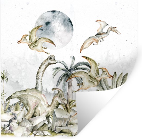 Muursticker kinderkamer - Kinder decoratie - Dinosaurus - Kinderen - Jungle - Groen - Dieren - Natuur - Muursticker - Decoratie voor kinderkamers - 30x30 cm - Zelfklevend behangpapier - Stickerfolie