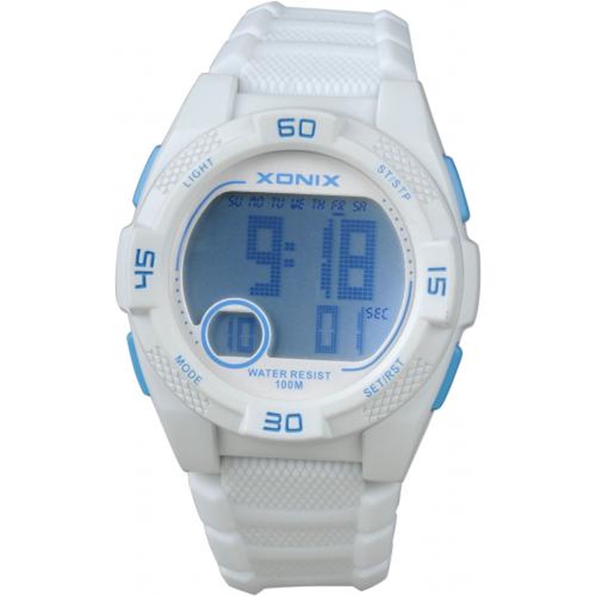 Xonix KQ-001 - Horloge - Digitaal - Kinderen - Unisex - Siliconen band - ABS - Cijfers - Achtergrondverlichting - Alarm - Start-Stop - Chronograaf - Tweede tijdzone - Waterdicht - 10 ATM - Wit - Lichtblauw