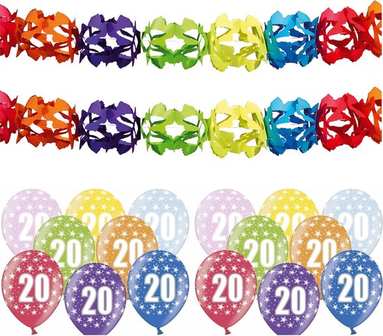 Partydeco 20 jaar feestartikelen pakket - 2x slingers en 12x ballonnen