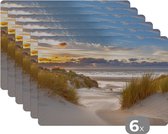 Placemat - Placemats kunststof - Strand - Duin - Gras - Zonsondergang - Zee - 45x30 cm - 6 stuks - Hittebestendig - Anti-Slip - Onderlegger - Afneembaar