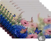 Placemat - Placemats kunststof - Vlinders - Bloemen - Hortensia - Insecten - 45x30 cm - 6 stuks - Hittebestendig - Anti-Slip - Onderlegger - Afneembaar