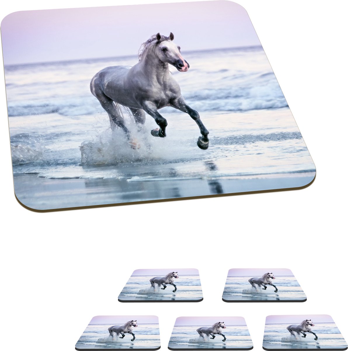 Onderzetters voor glazen - Paard - Zee - Pastel - 10x10 cm - Glasonderzetters - 6 stuks