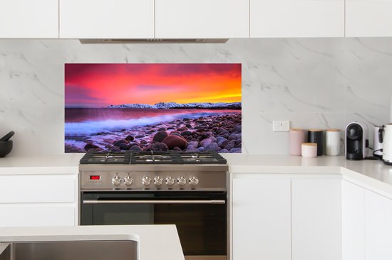 Spatscherm keuken 120x60 cm - Kookplaat achterwand Zon - Stenen - Sneeuw - Landschap - Water - Muurbeschermer - Spatwand fornuis - Hoogwaardig aluminium