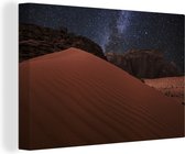 Canvas Schilderij Schitterende sterrenhemel boven het golvende zand van de woestijn in Wadi Rum - 120x80 cm - Wanddecoratie