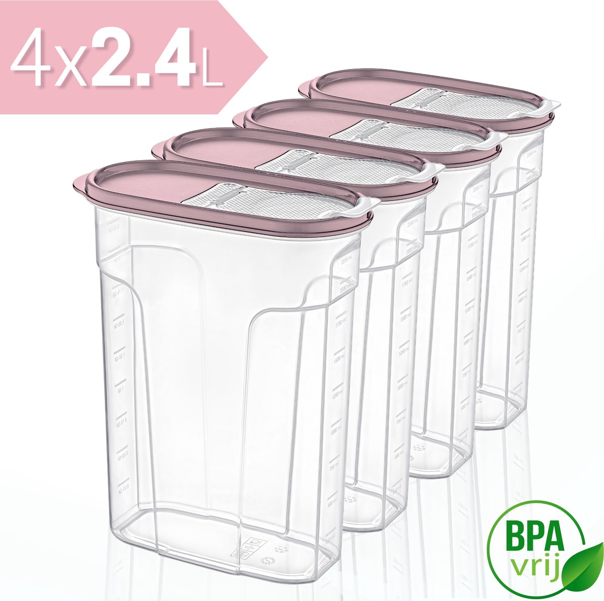 Voorraadpotten Set van 4 - 4x2.4L met rose deksel Voorraadbussen - Vershouddoos - 4 Stuks - BPA vrij - Kunststof