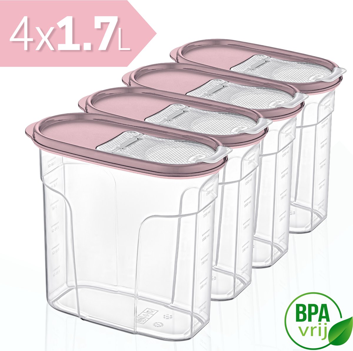 Voorraadpotten Set van 4 - 4x1.7L met rose deksel Voorraadbussen - Vershouddoos - 4 Stuks - BPA vrij - Kunststof