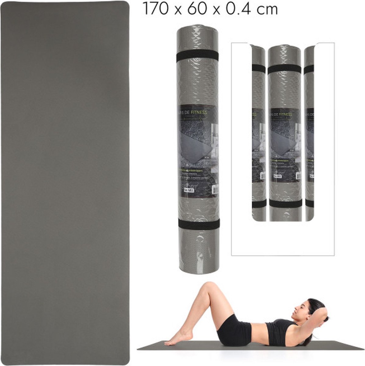Fitnessmat - Yogamat - Sportmat - Geschikt voor binnen en buiten - Grijs - Afwasbaar - 173x61x0.4cm