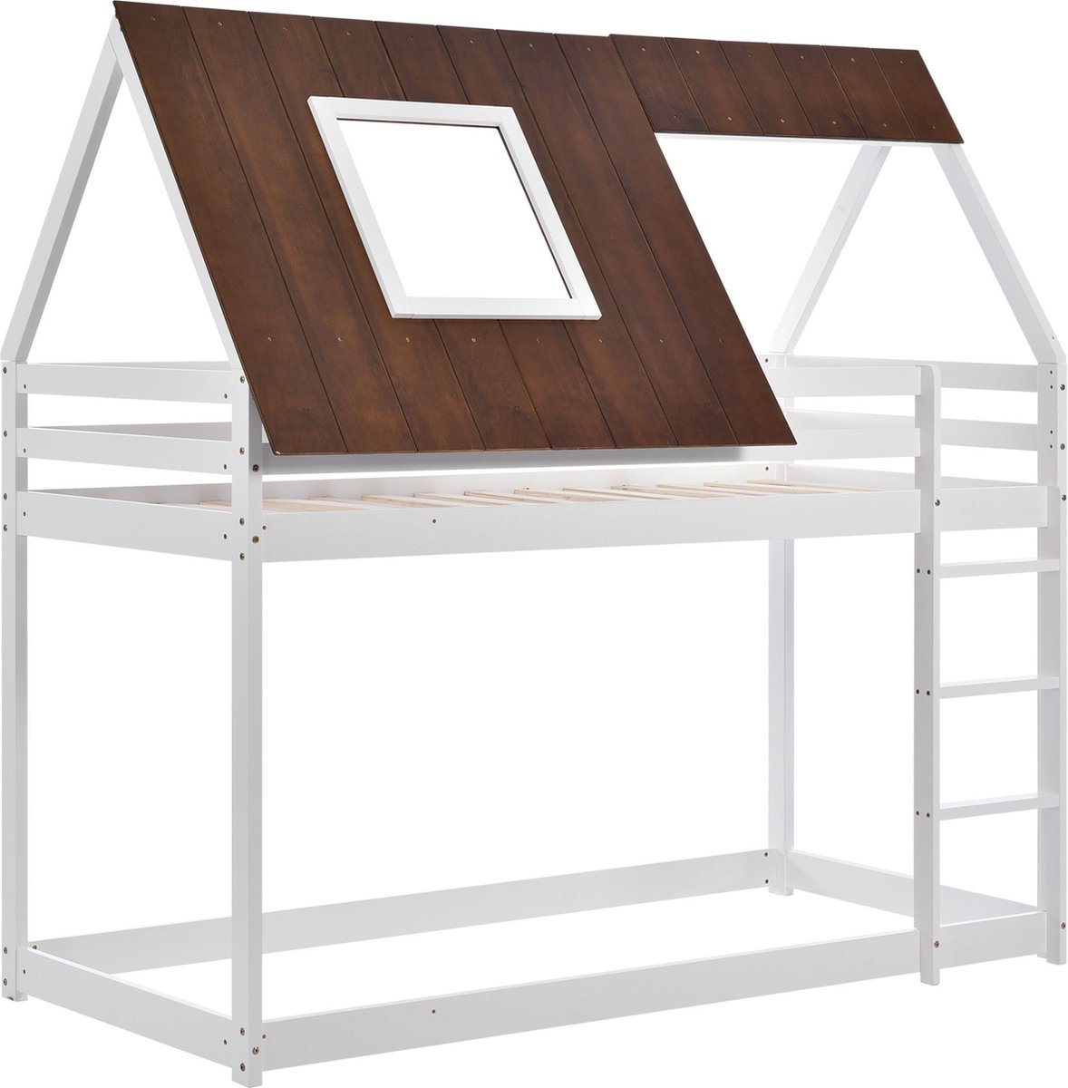 Huisbed stapelbed met rechthoekige ladder- ledikant bed met bruin dak- valbeveiliging en hekken-pine houten frame- wit bed (200x90cm)