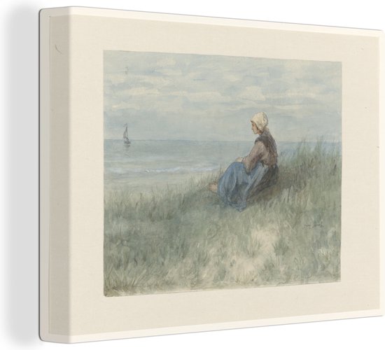 Canvas Schilderij Een vrouw zit op een duin naar zee te kijken - Schilderij van Jozef Israëls - 40x30 cm - Wanddecoratie
