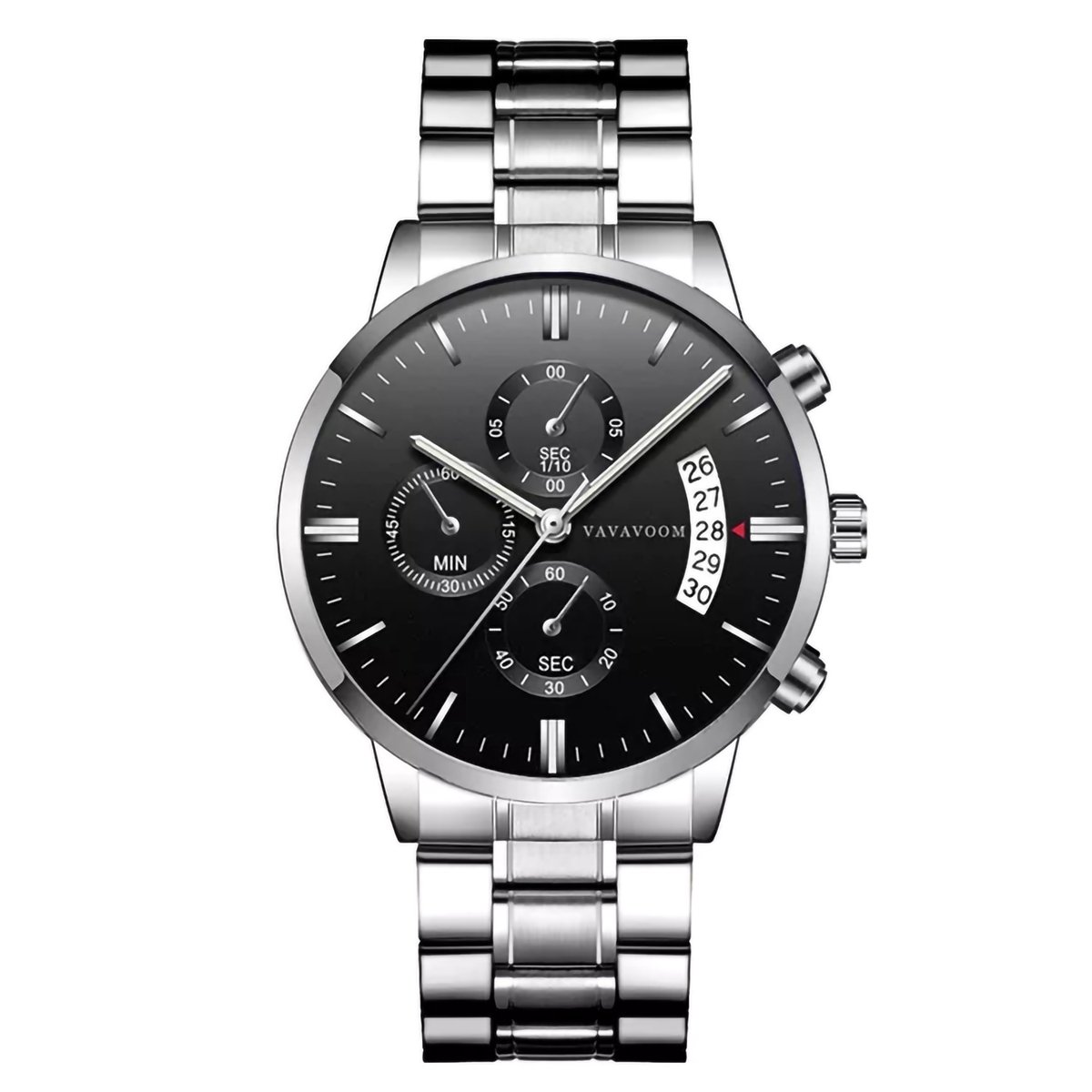 Horloges voor mannen - Horloge mannen – Luxe zilver zwart Design - Heren horloge - Ø 42 mm - Roestvrij Staal - Waterdicht tot 3 bar - Chronograaf - Geschenkset met verstelbare pin