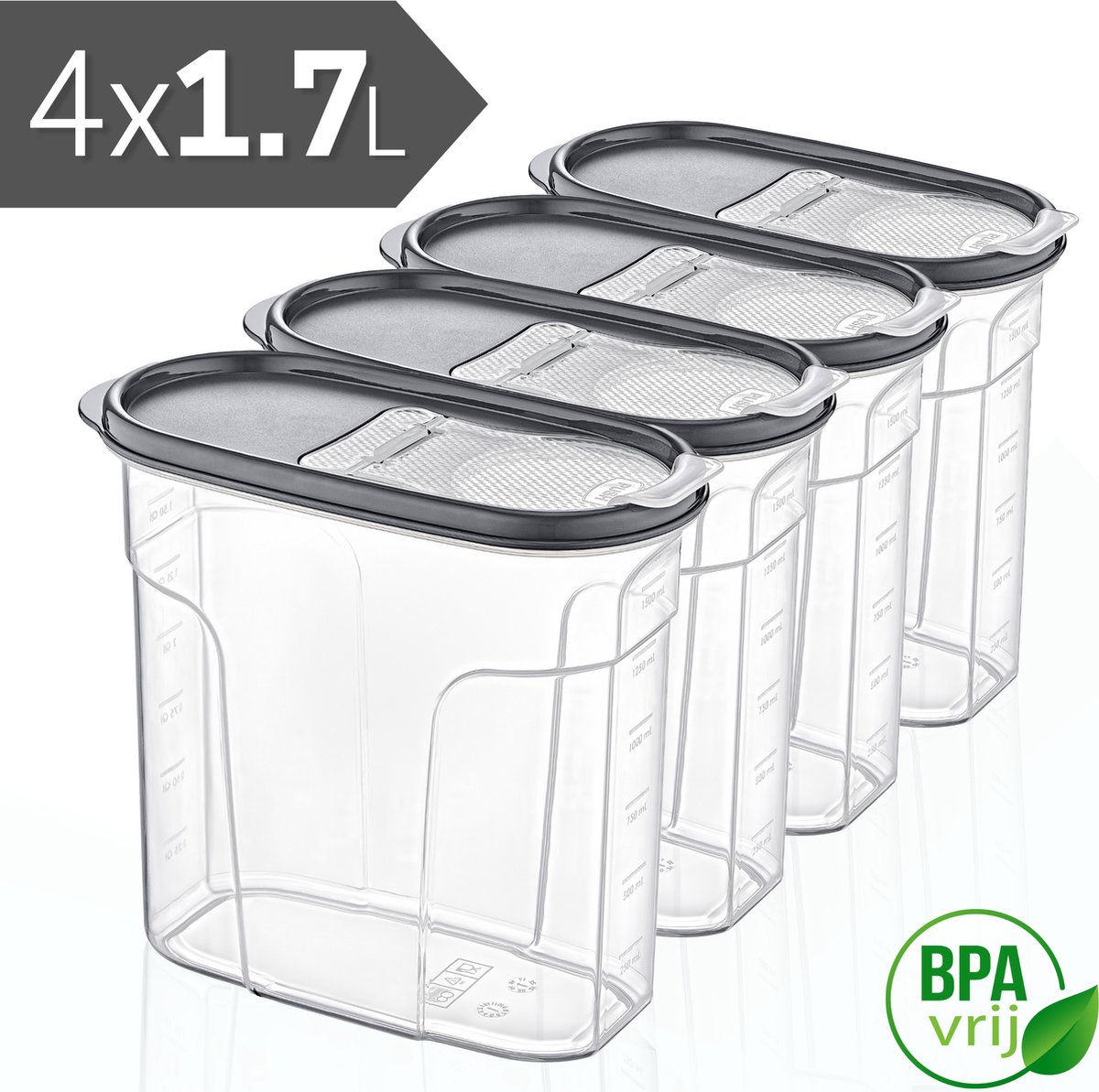 Voorraadpotten Set van 4 - 4x1.7L met grijze deksel Voorraadbussen - Vershouddoos - 4 Stuks - BPA vrij - Kunststof
