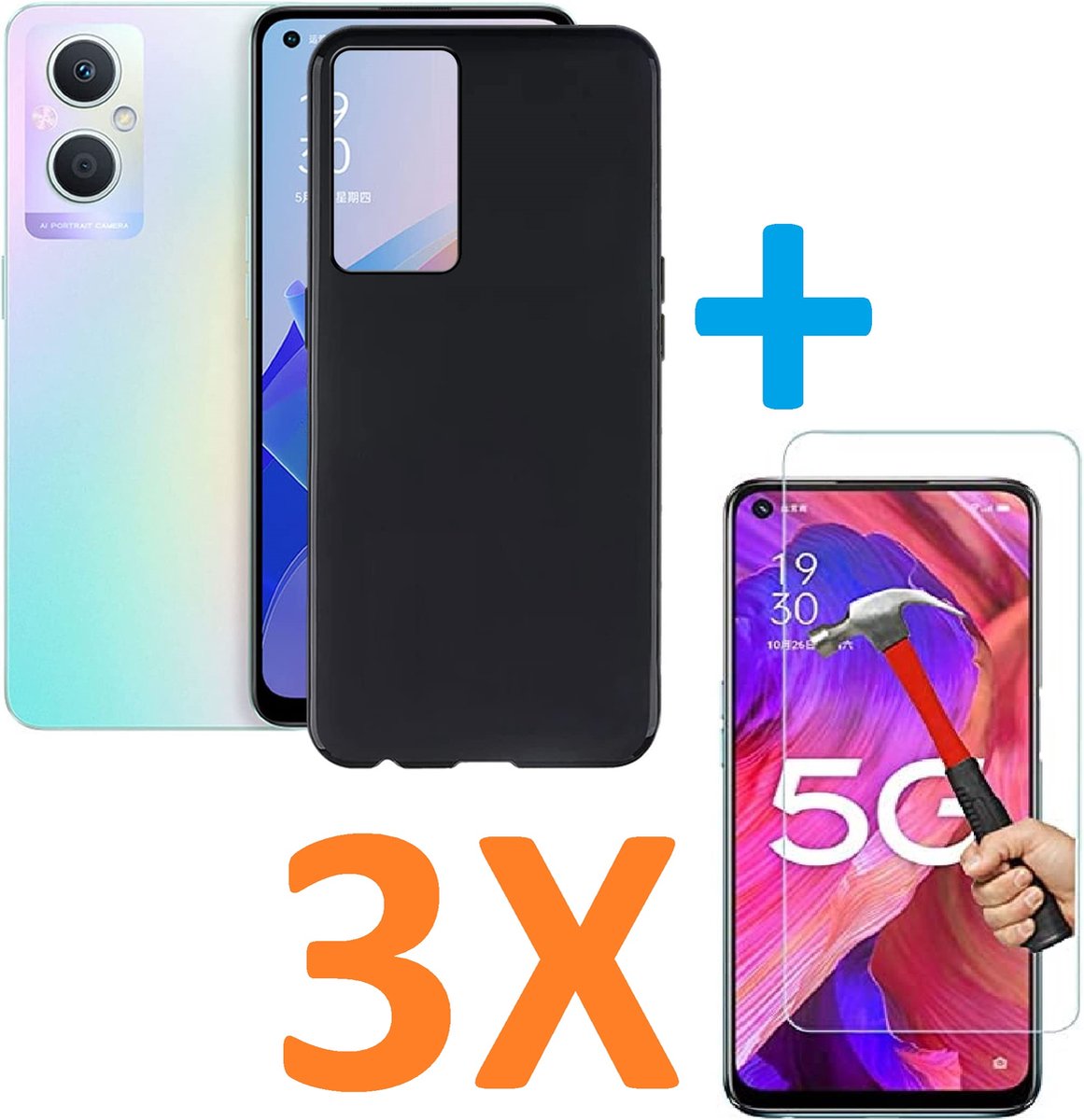 Soft TPU Zwart hoesje Silicone Case +3 stuk Glas Screenprotector Geschikt voor: Oppo A96
