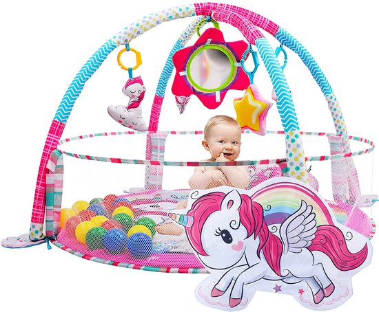 Allerion Luxe Baby Gym Ballenbak Unicorn – Baby 4-in-1 Speelmat – Roze Eenhoorn Thema – 80cm x 80cm