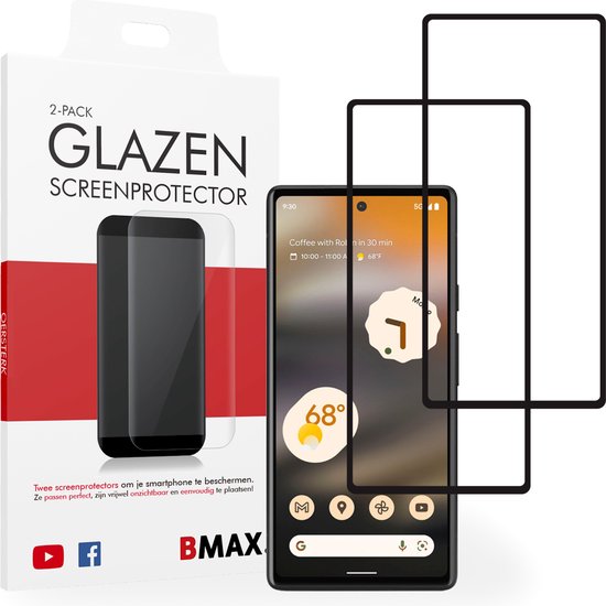 2-pack BMAX geschikt voor Google Pixel 6A Screenprotector - Full Cover - Gehard glas - Tempered glas - Google screenprotectors 2 stuks - Telefoonglaasje - Beschermglas - Glasplaatje - Screensaver - Screen protector - Case friendly - Zwart