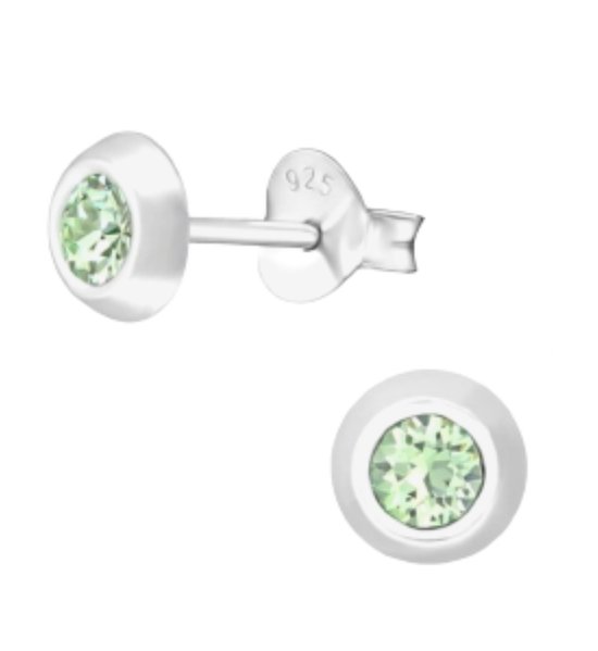 Joy|S - Zilveren ronde oorbellen - 5 mm - licht groen Swarovski kristal - oorknoppen